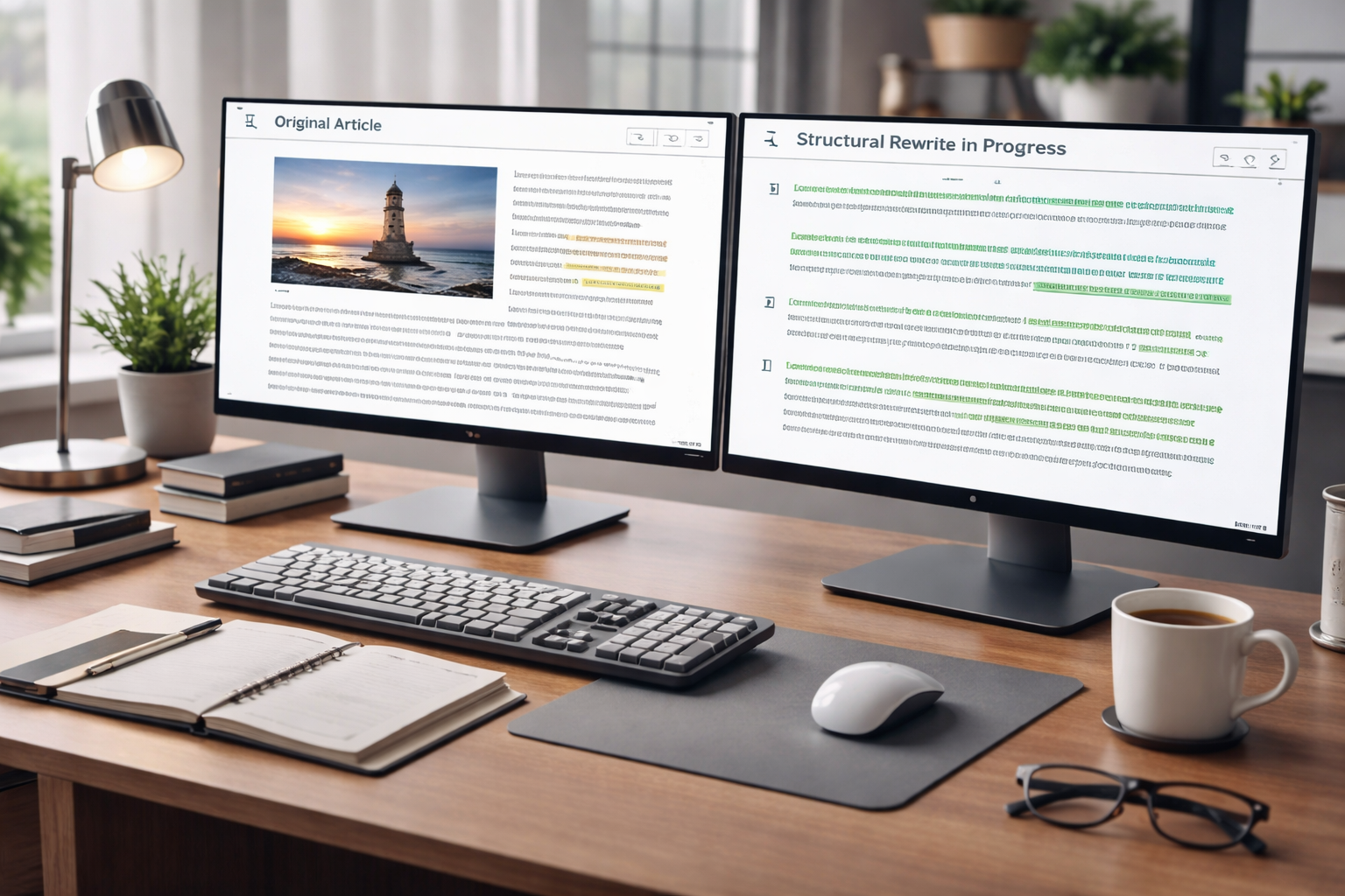 Professional writer's workspace with dual monitors showing original article and refined rewrite in progress with modern high-tech aesthetic